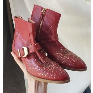 Zara Red Studded Western Ankle Boots Buckle Detail Gold Accents Size 37